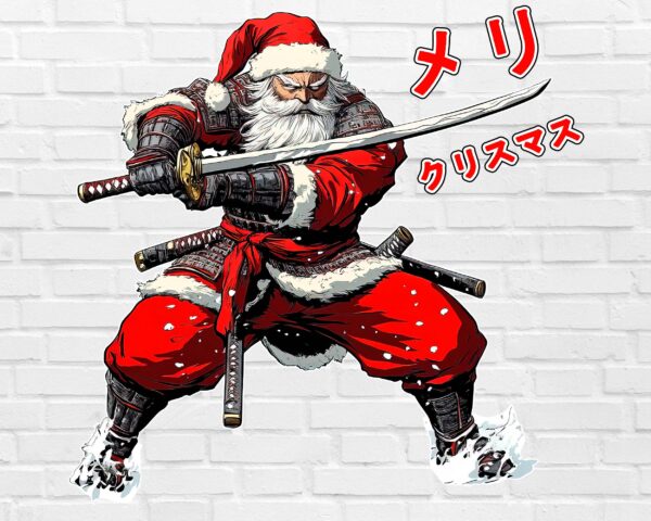 Samurai Santa PNG in anime style with katana – white background version digital download