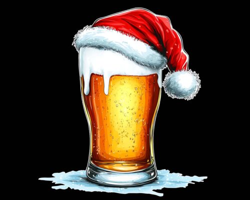 Christmas beer PNG festive beer glass clipart Santa hat black background