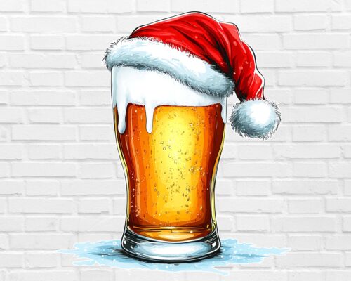 Christmas beer PNG frosty beer glass with Santa hat on white background