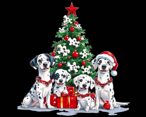 Christmas dalmatians PNG dogs in Santa hats with tree clipart black background