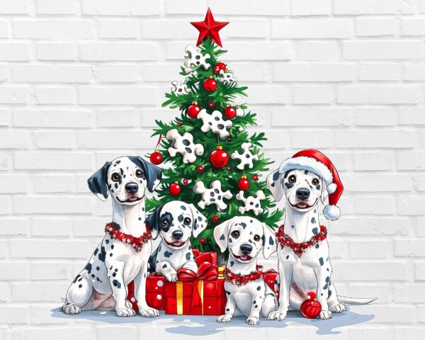 Christmas dalmatians PNG cute holiday dogs with Christmas tree and gifts white background