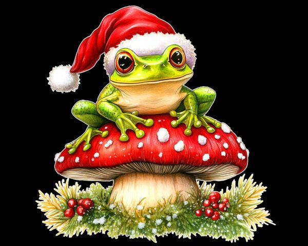 christmas-frog-png-santa-hat-mushroom-foxesandbunnies-black Christmas Frog PNG – Cute Santa Hat Frog on Mushroom Clipart
