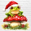 christmas-frog-png-santa-hat-mushroom-foxesandbunnies-white Christmas frog PNG Santa hat frog sitting on mushroom whimsical clipart white background