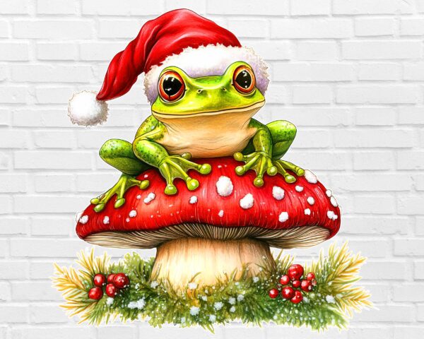 christmas-frog-png-santa-hat-mushroom-foxesandbunnies-white Christmas frog PNG Santa hat frog sitting on mushroom whimsical clipart white background