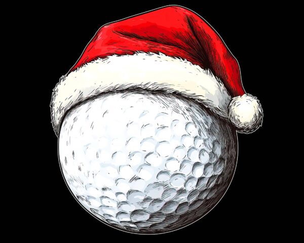 Christmas golf ball PNG clipart with Santa hat on black background