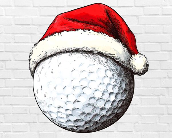 Christmas golf ball PNG with Santa hat on white background