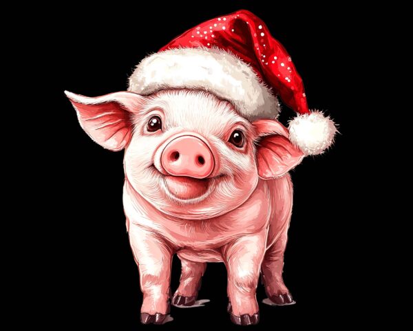 Christmas pig PNG rustic farm animal clipart with Santa hat black background