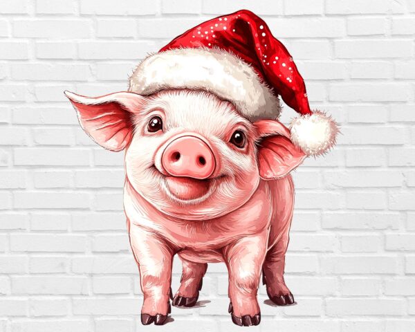 Christmas pig PNG cute farmhouse holiday pig with Santa hat white background